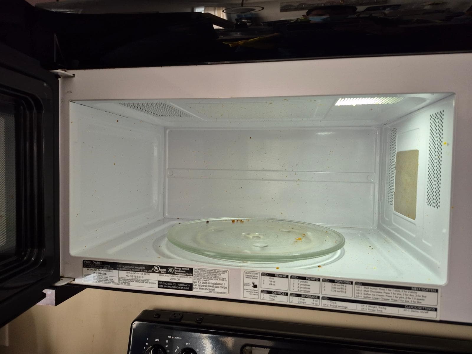 Dirty microwave with food stains and residue